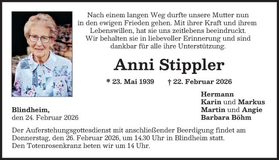 Traueranzeige von Anni Stippler von Donau Zeitung