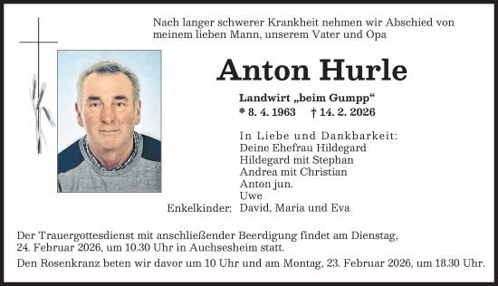 Traueranzeige von Anton Hurle von Donauwörther Zeitung