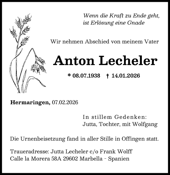 Traueranzeige von Anton Lecheler von Günzburger Zeitung