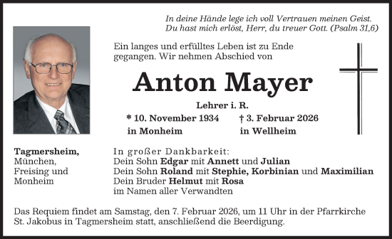 Traueranzeige von Anton Mayer von Donauwörther Zeitung, Neuburger Rundschau