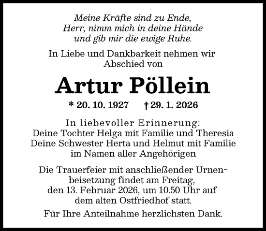 Traueranzeige von Artur Pöllein von Augsburger Allgemeine