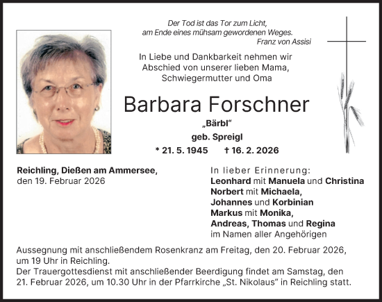 Traueranzeige von Barbara Forschner von Landsberger Tagblatt