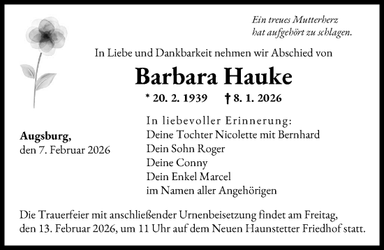 Traueranzeige von Barbara Hauke von Augsburger Allgemeine
