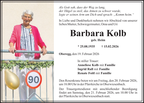 Traueranzeige von Barbara Kolb von Mittelschwäbische Nachrichten