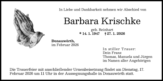 Traueranzeige von Barbara Krischke von Donauwörther Zeitung