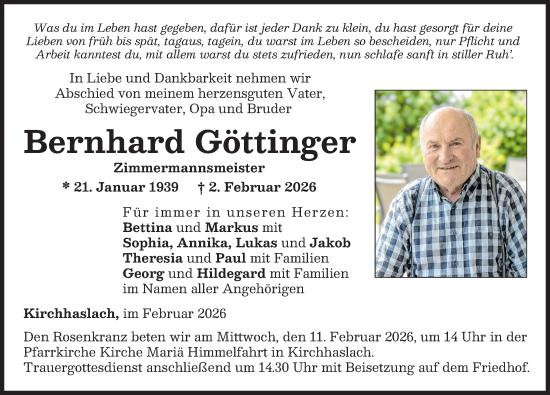 Traueranzeige von Bernhard Göttinger von Illertisser Zeitung