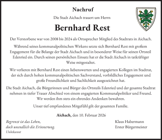Traueranzeige von Bernhard Rest von Aichacher Nachrichten