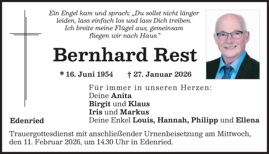 Traueranzeige von Bernhard Rest von Aichacher Nachrichten