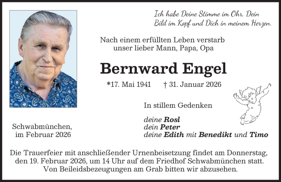 Traueranzeige von Bernward Engel von Schwabmünchner Allgemeine