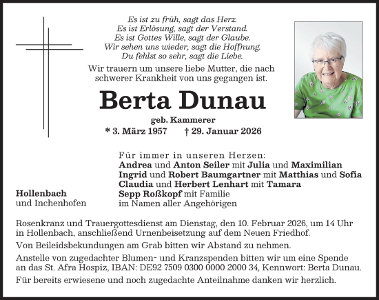 Traueranzeige von Berta Dunau von Aichacher Nachrichten