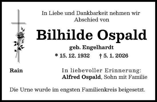 Traueranzeige von Bilhilde Ospald von Donauwörther Zeitung