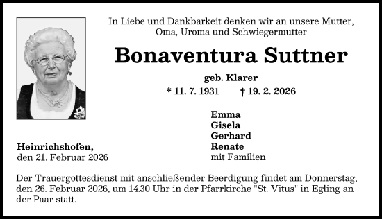 Traueranzeige von Bonaventura Suttner von Landsberger Tagblatt