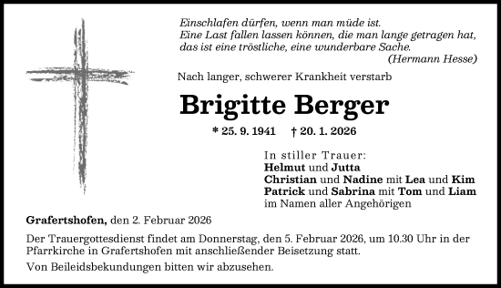 Traueranzeige von Brigitte Berger von Neu-Ulmer Zeitung