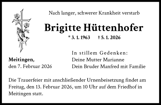 Traueranzeige von Brigitte Hüttenhofer von Augsburg-Land