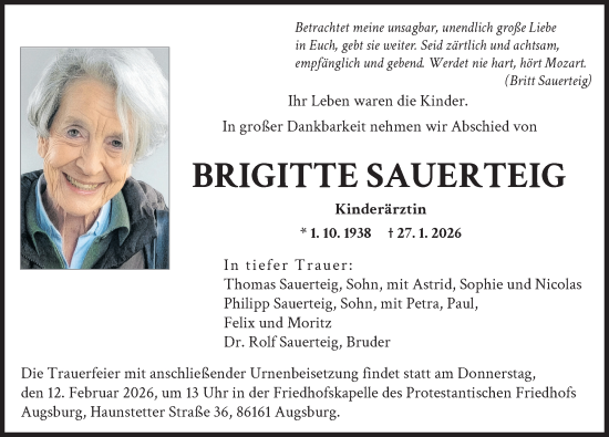 Traueranzeige von Brigitte Sauerteig von Augsburger Allgemeine