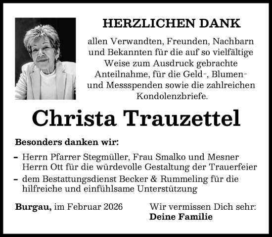 Traueranzeige von Christa Trauzettel von Günzburger Zeitung