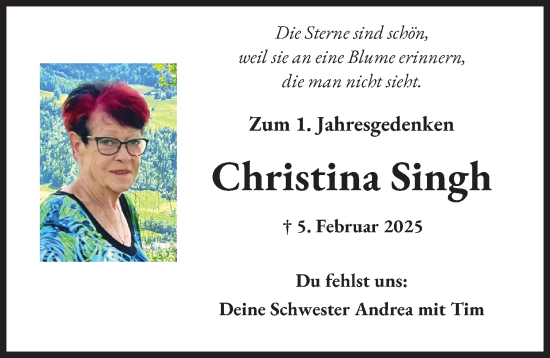Traueranzeige von Christina Singh von Mittelschwäbische Nachrichten