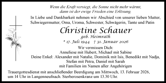 Traueranzeige von Christine Schauer von Schwabmünchner Allgemeine