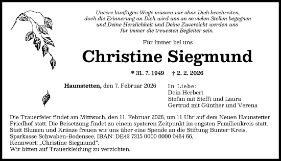 Traueranzeige von Christine Siegmund von Augsburger Allgemeine