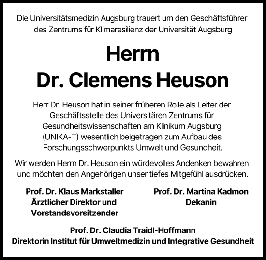Traueranzeige von Clemens Heuson von Augsburger Allgemeine