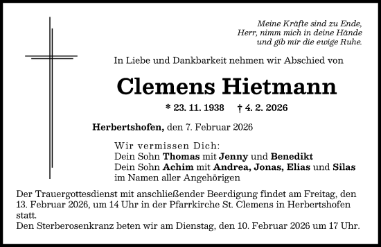 Traueranzeige von Clemens Hietmann von Augsburg-Land