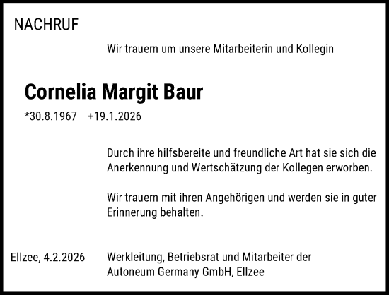 Traueranzeige von Cornelia Margit Baur von Mittelschwäbische Nachrichten