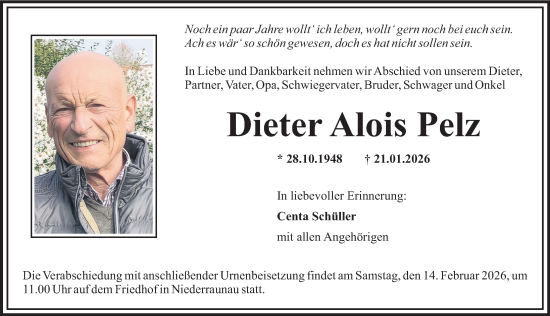 Traueranzeige von Dieter Alois Pelz von Mittelschwäbische Nachrichten