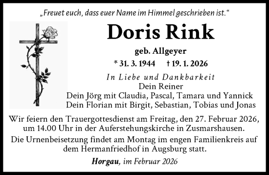 Traueranzeige von Doris Rink von Augsburger Allgemeine