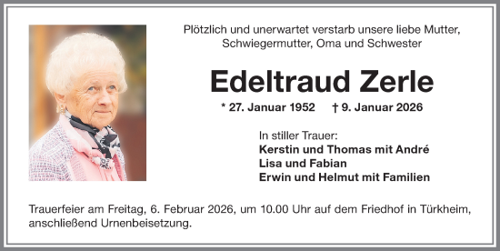 Traueranzeige von Edeltraud Zerle von Mindelheimer Zeitung