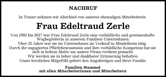Traueranzeige von Edeltraud Zerle von Mindelheimer Zeitung