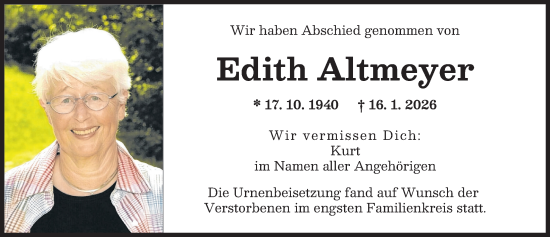 Traueranzeige von Edith Altmeyer von Landsberger Tagblatt