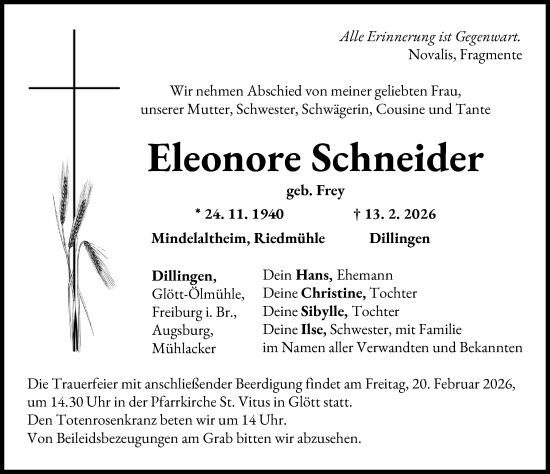 Traueranzeige von Eleonore Schneider von Donau Zeitung, Günzburger Zeitung