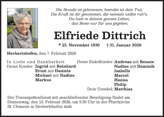 Traueranzeige von Elfriede Dittrich von Augsburg-Land