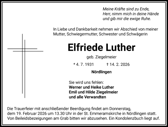 Traueranzeige von Elfriede Luther von Rieser Nachrichten