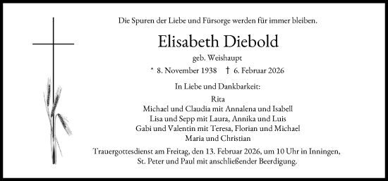 Traueranzeige von Elisabeth Diebold von Augsburger Allgemeine