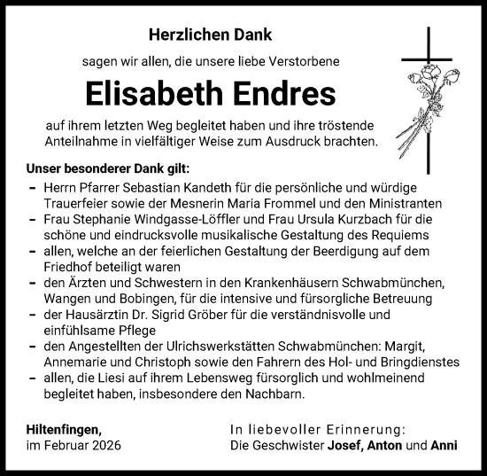 Traueranzeige von Elisabeth Endres von Schwabmünchner Allgemeine