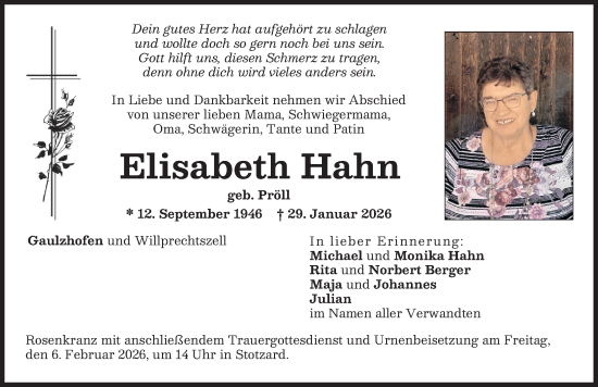 Traueranzeige von Elisabeth Hahn von Aichacher Nachrichten