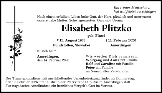Traueranzeige von Elisabeth Plitzko von Rieser Nachrichten