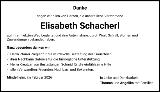 Traueranzeige von Elisabeth Schacherl von Mindelheimer Zeitung