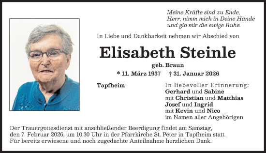 Traueranzeige von Elisabeth Steinle von Donauwörther Zeitung, Donau Zeitung