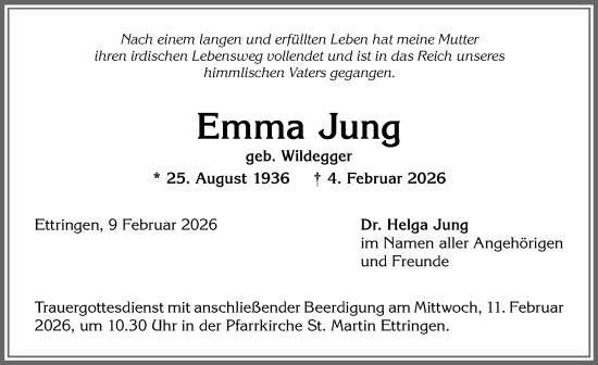 Traueranzeige von Emma Jung von Mindelheimer Zeitung