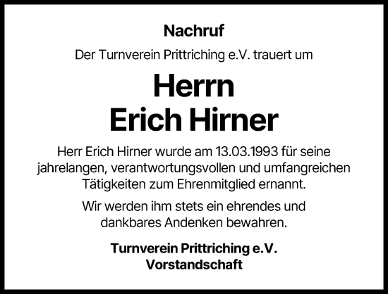 Traueranzeige von Erich Hirner von Landsberger Tagblatt