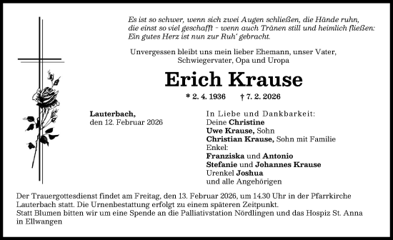 Traueranzeige von Erich Krause von Wertinger Zeitung