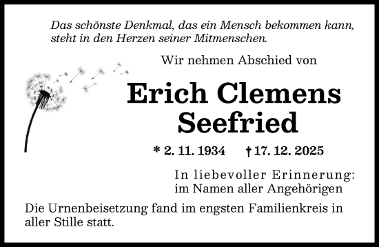 Traueranzeige von Erich Clemens Seefried von Augsburger Allgemeine