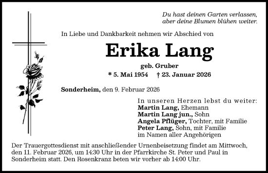 Traueranzeige von Erika Lang von Donau Zeitung
