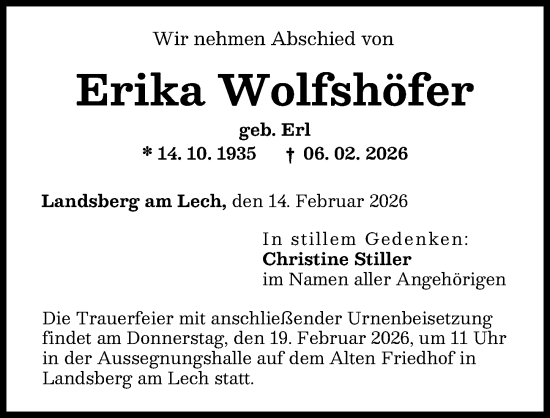 Traueranzeige von Erika Wolfshöfer von Landsberger Tagblatt