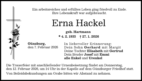Traueranzeige von Erna Hackel von Günzburger Zeitung