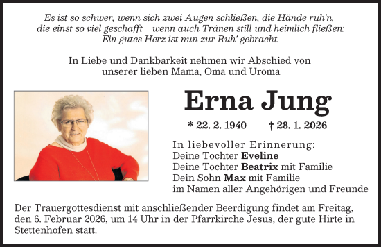 Traueranzeige von Erna Jung von Augsburg-Land