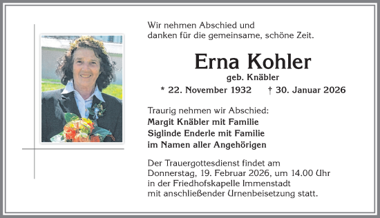 Traueranzeige von Erna Kohler von Illertisser Zeitung