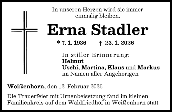 Traueranzeige von Erna Stadler von Neu-Ulmer Zeitung